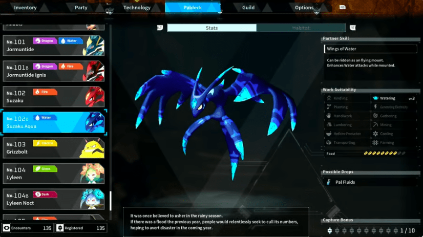 Suzaku Aqua in Palworld: